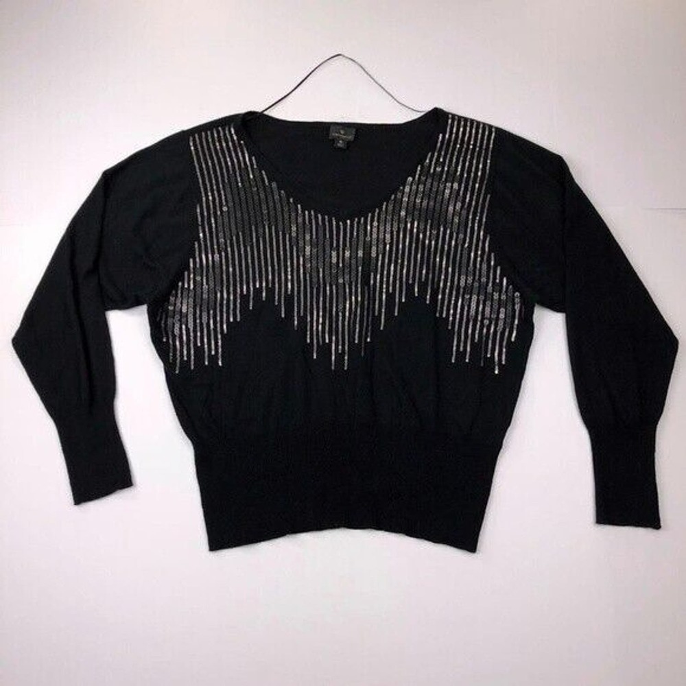 Worthington Sweater Woemen's XL Black Crewneck LongSleeve Sequins V Neck